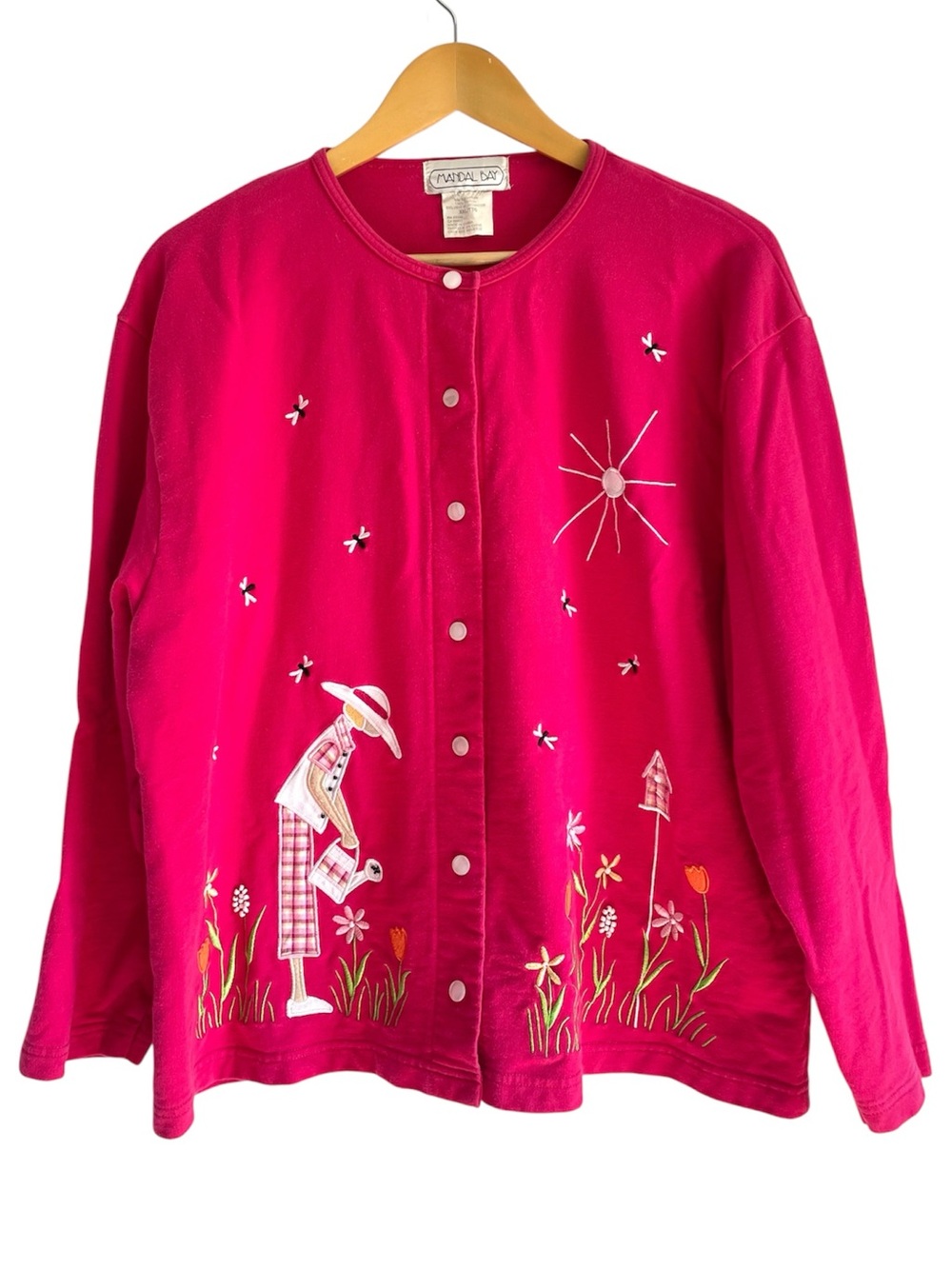 Vintage Cotton Cardigan XXL Floral Garden Embroidery Cottagecore Coastal Grandma